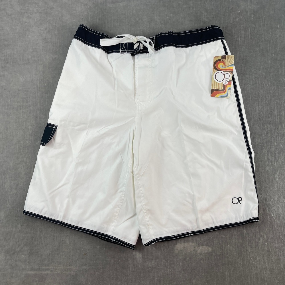 Ocean Pacific Mens L 36/38 White Black Board Shorts Cargo Pocket Swim Trunks